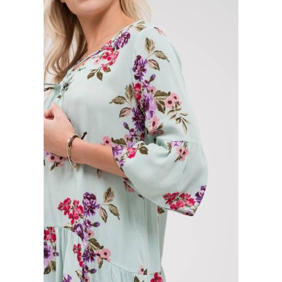 Blu Pepper Floral Tunic Top W/ Lace-Up Neckline & Ruffle Hem Light Blue Medium - Picture 2 of 10